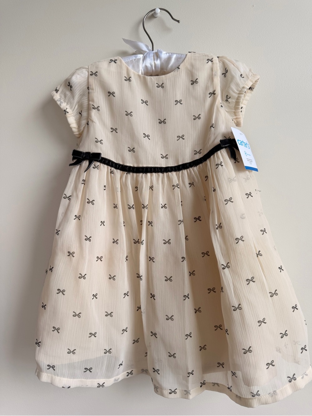 Carter's Cream Dress with Black Bow Print and Velvet Waist